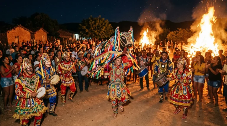 Celebrações Raras: Festas e Tradições que Pulsam no Sertão Festa do Bumba Meu Boi com fogueiras e figurinos elaborados no sertão nordestino à noite
