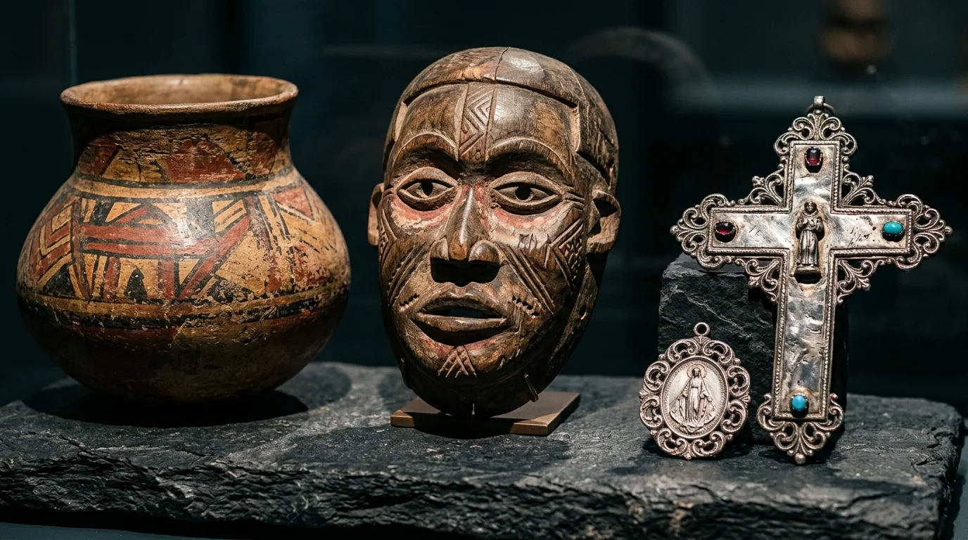 Detalhe de artefatos históricos brasileiros: cerâmica indígena, máscaras e objetos coloniais
