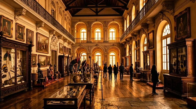 Patrimônio Vivo: Museus e Memória que Reinventam o Brasil Interior de museu brasileiro com arquitetura colonial e luz dourada iluminando acervo histórico
