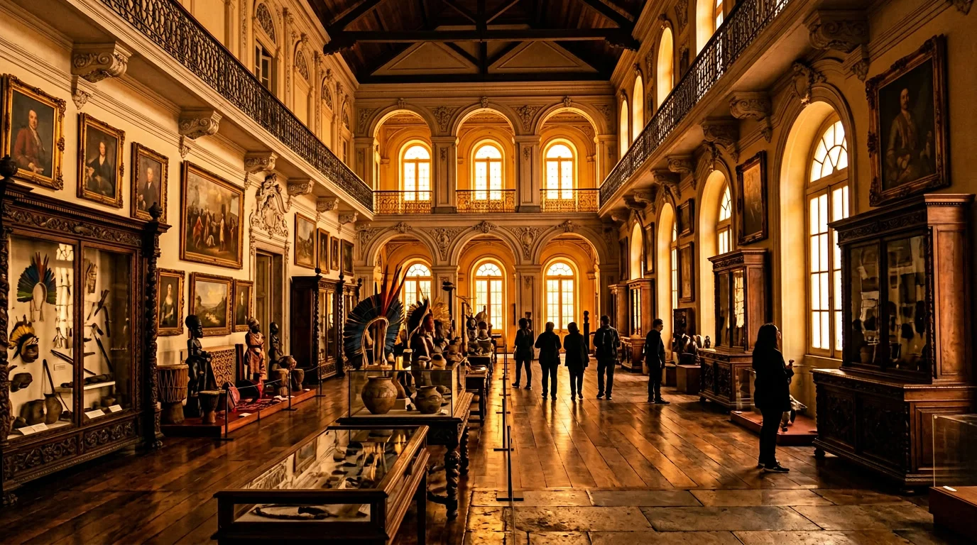 Interior de museu brasileiro com arquitetura colonial e luz dourada iluminando acervo histórico