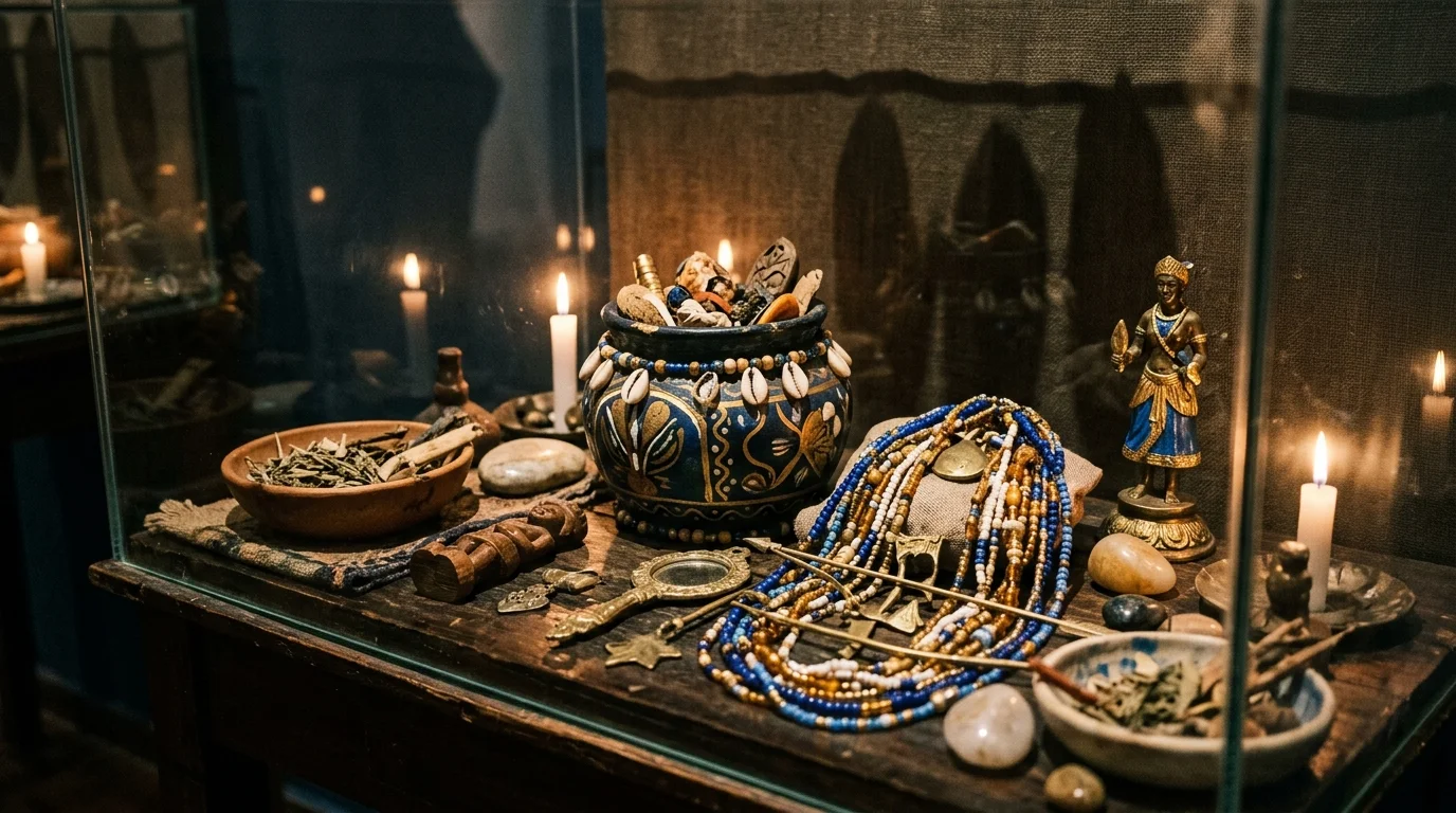 Objetos sagrados afro-brasileiros em exposição de museu com atmosfera de vela