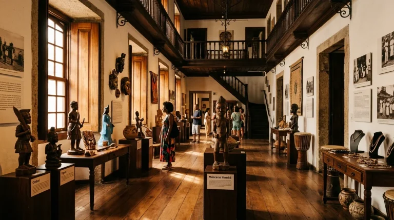 Museus e Memória de Bairros Negros que o Brasil Sempre Ignorou Interior de museu afro-brasileiro em Salvador com iluminação dourada e artefatos culturais