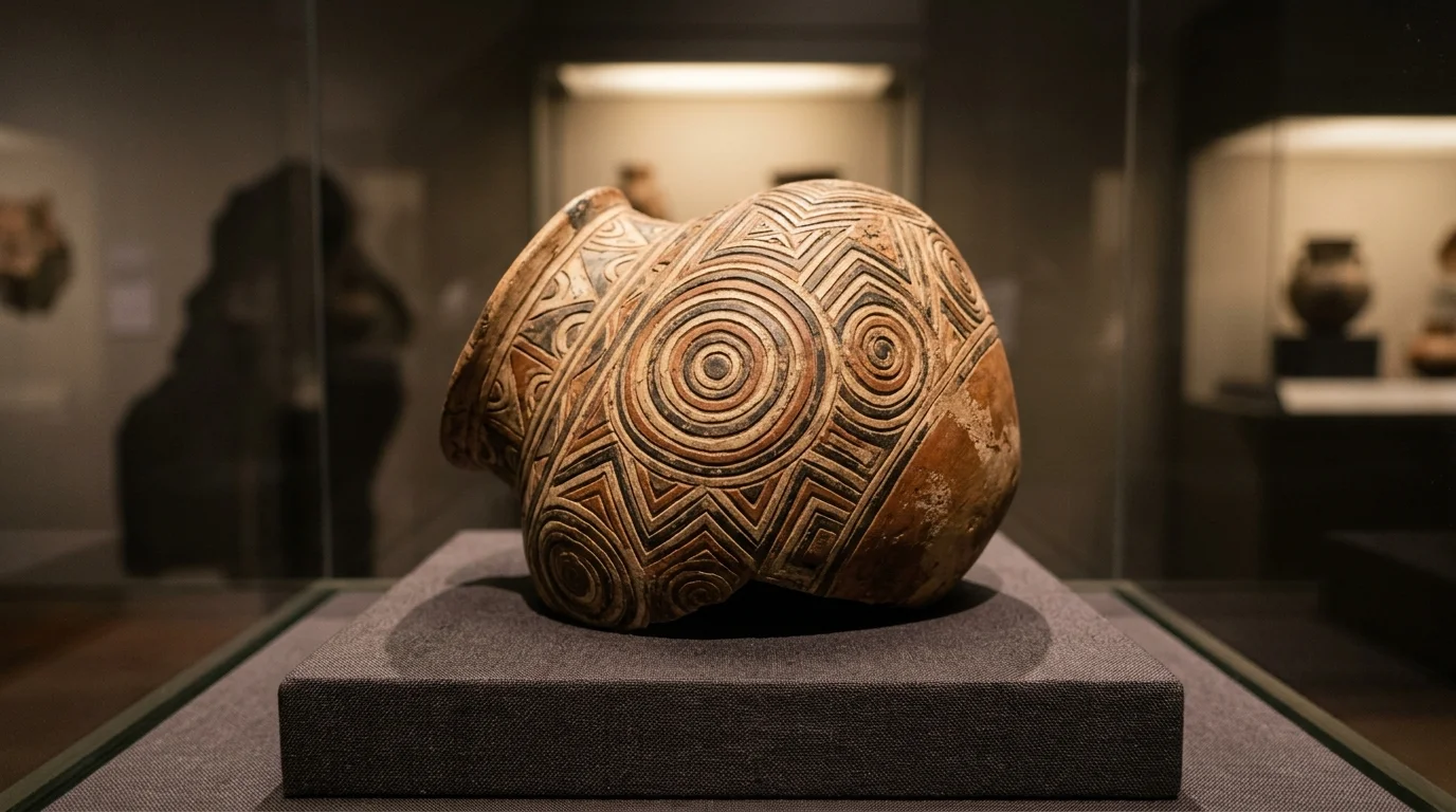 Detalhe de cerâmica indígena brasileira em vitrine de museu