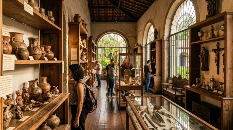 Interior de museu brasileiro com artefatos coloniais e iluminação dourada