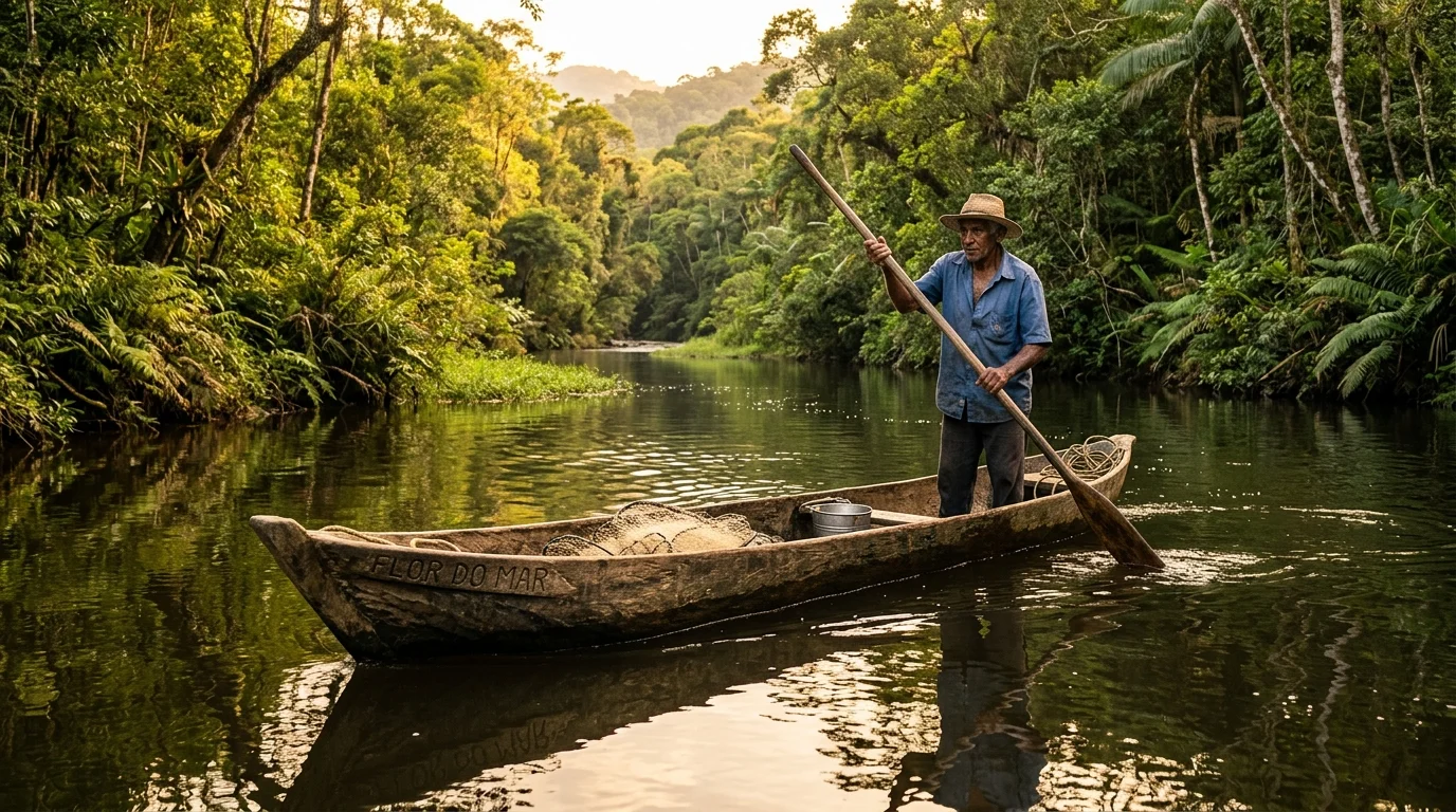 Pescador caiçara em canoa de madeira rodeado pela Mata Atlântica em Paraty