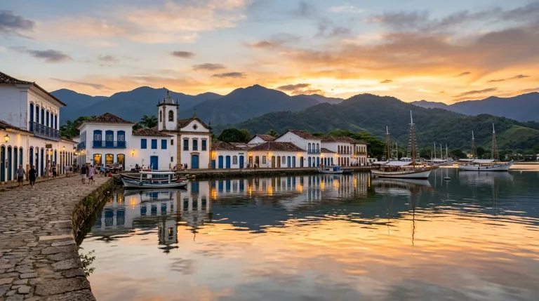 Roteiros Culturais pela Espinhaço e Paraty que Transformam a Viagem Centro histórico de Paraty com edifícios coloniais brancos refletidos na baía ao pôr do sol