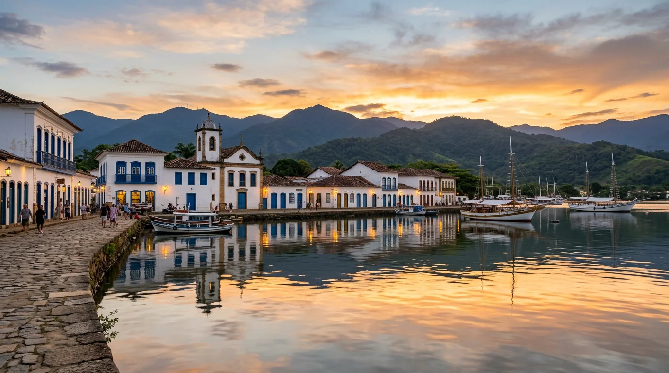 Centro histórico de Paraty com edifícios coloniais brancos refletidos na baía ao pôr do sol