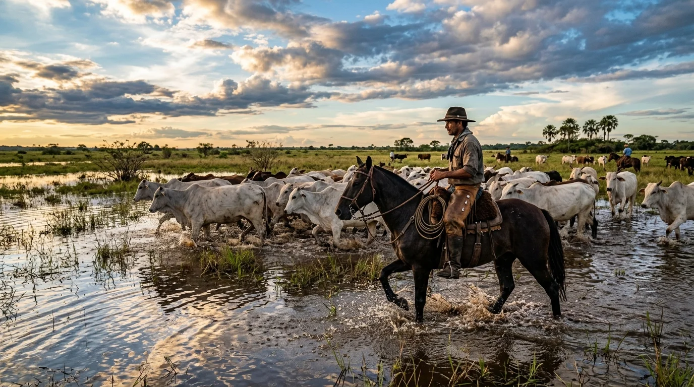 Peão pantaneiro a cavalo conduzindo gado pelas planícies alagadas do Mato Grosso do Sul