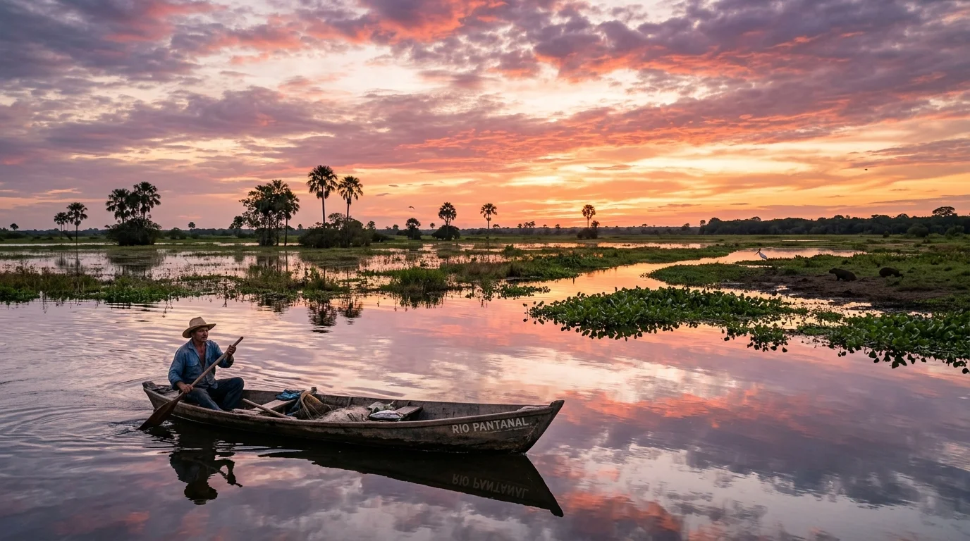 Panorâmica do Pantanal ao entardecer com barco de pescador e céu cor-de-rosa