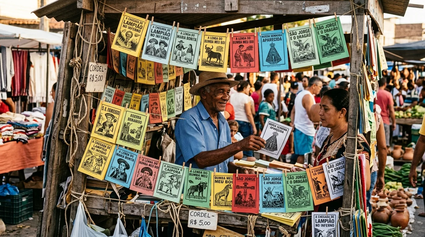 Banca de cordel com xilogravuras no mercado nordestino