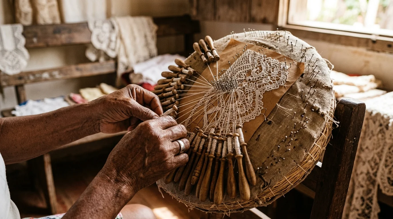 Mãos de artesã tecendo renda de bilro tradicional brasileira com bilros e padrões intrincados