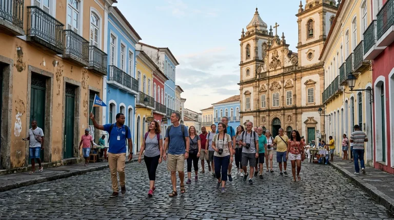 Grupo de viajantes em roteiro cultural percorrendo rua de pedra de cidade histórica brasileira
